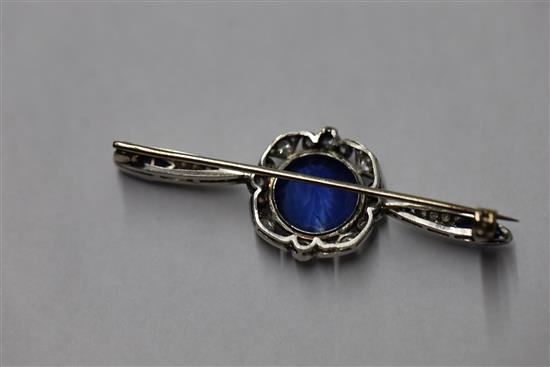 An early 20th century French platinum, sapphire and diamond bar brooch,